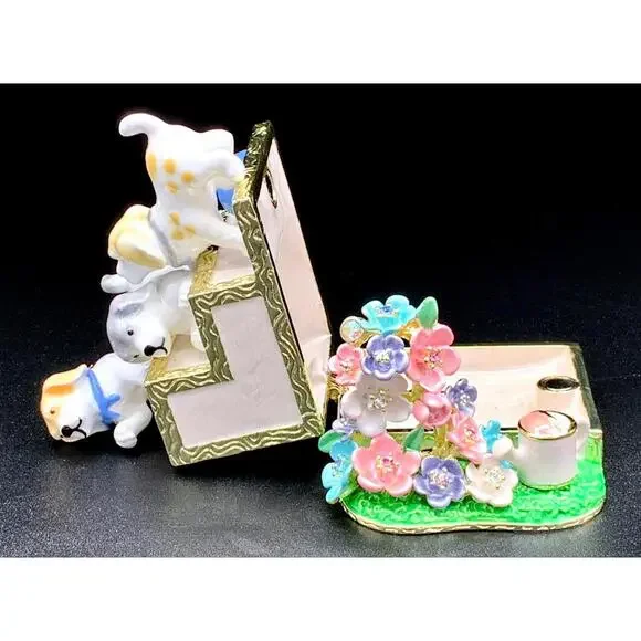 Puppy Dog Trinket Box Enamel Hinged Floral Garden Keepsake Figurine